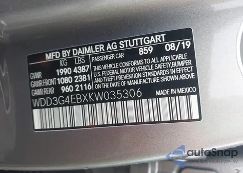2019 Mercedes-Benz A 220 from USA, damaged, VIN WDD3G4EBXKW035306
